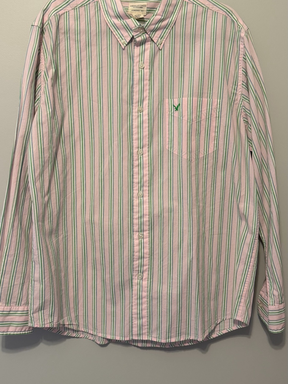 American Eagle Pink Green Stripe Button Down Shirt L